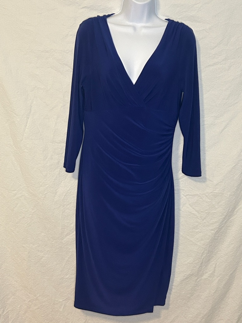 Ralph Lauren Green Label Royal Blue 3/4 Sleeve Classic Dress Side Ruching, Sz 8